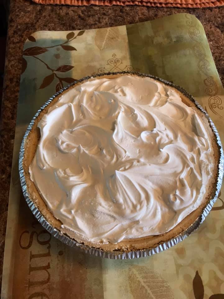 An overhead view of a frozen Root Beer Float Pie in a graham cracker crust.